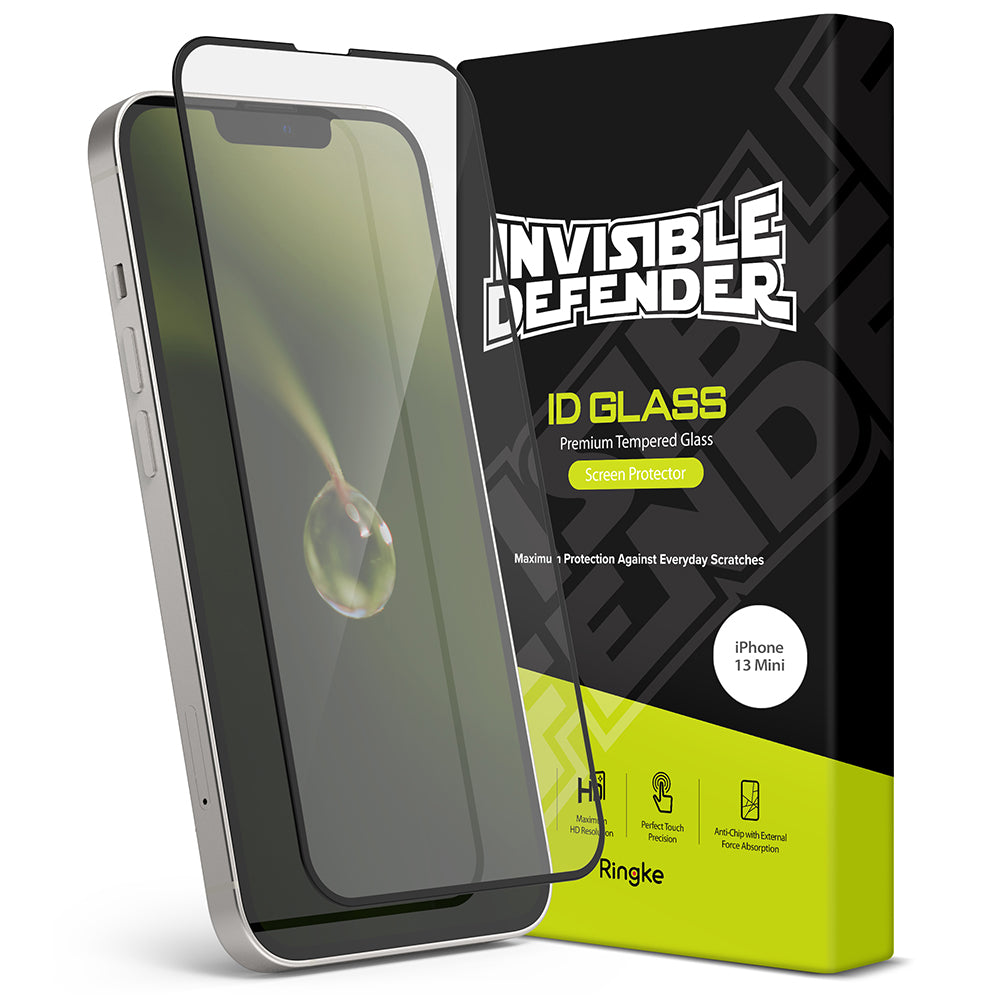 iPhone 13 Mini Screen Protector | Invisible Defender Glass - Tempered glass screen protector hovering over an iPhone 13 Mini next to its black and lime green retail packaging.