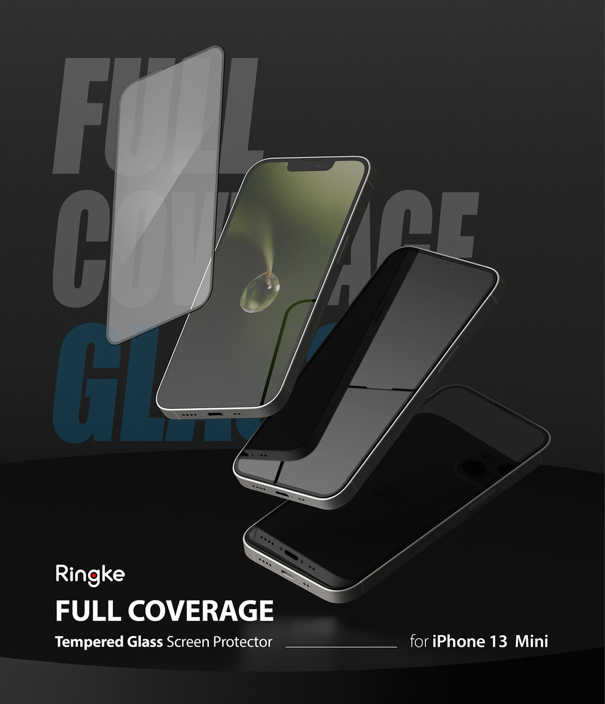 iPhone 13 Mini Screen Protector | Invisible Defender Glass - iPhone 13 Mini Screen Protector - Tempered glass protector hovering above an iPhone 13 Mini against a dark background.