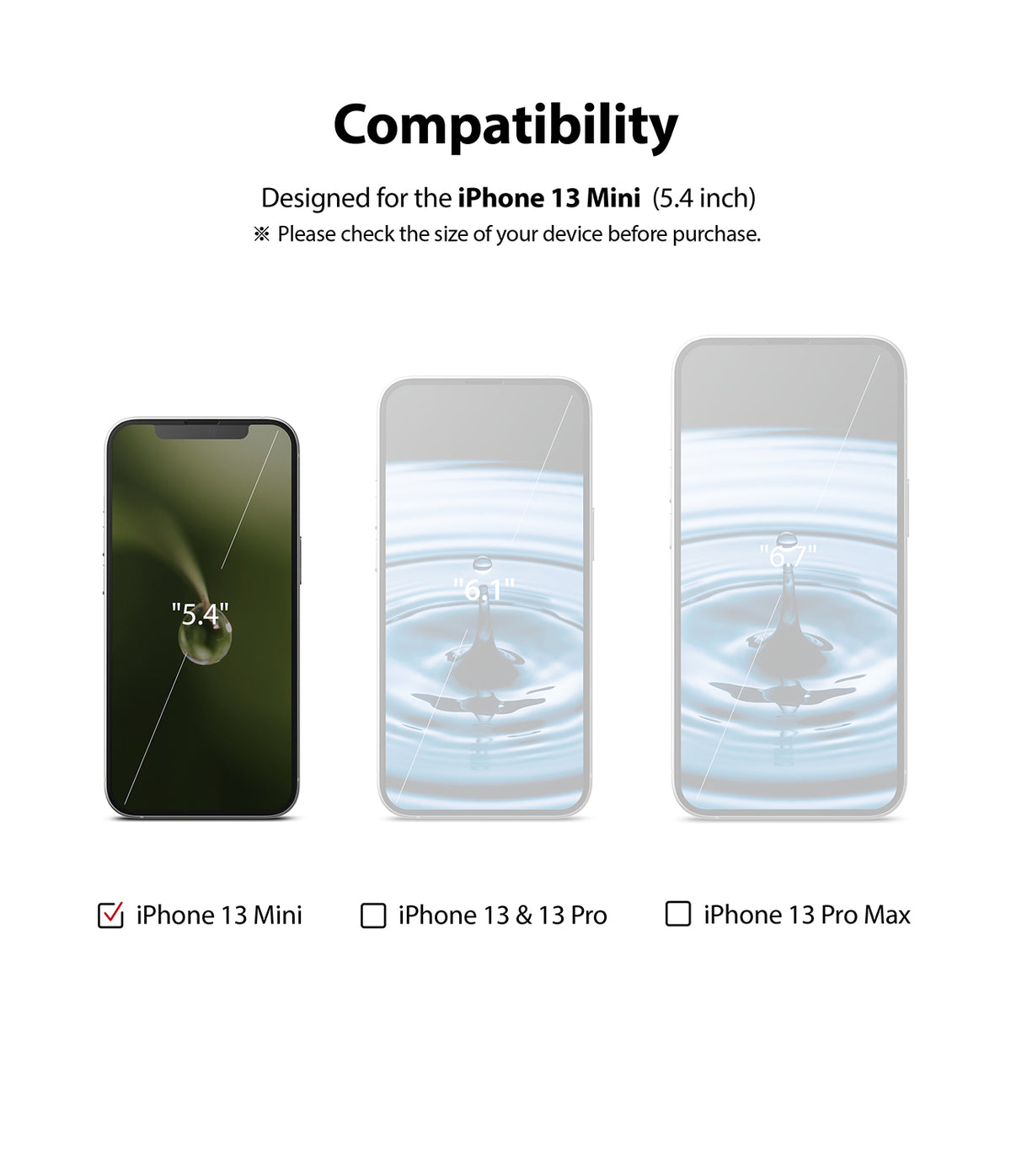 iPhone 13 Mini Screen Protector | Invisible Defender Glass - iPhone 13 Mini Screen Protector - Compatibility chart showing 5.4, 6.1, and 6.7-inch iPhone models with a checkmark on the 5.4.