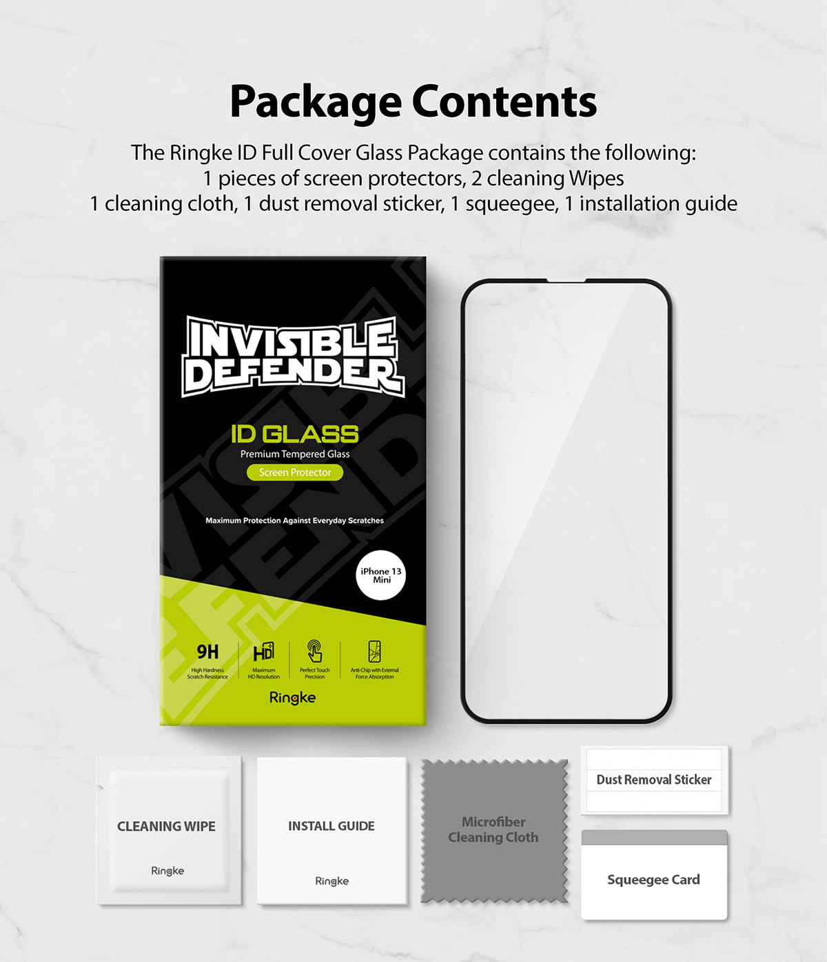 iPhone 13 Mini Screen Protector | Invisible Defender Glass - iPhone 13 Mini Screen Protector - Invisible Defender glass, packaging, and installation kit including wipes and tools.