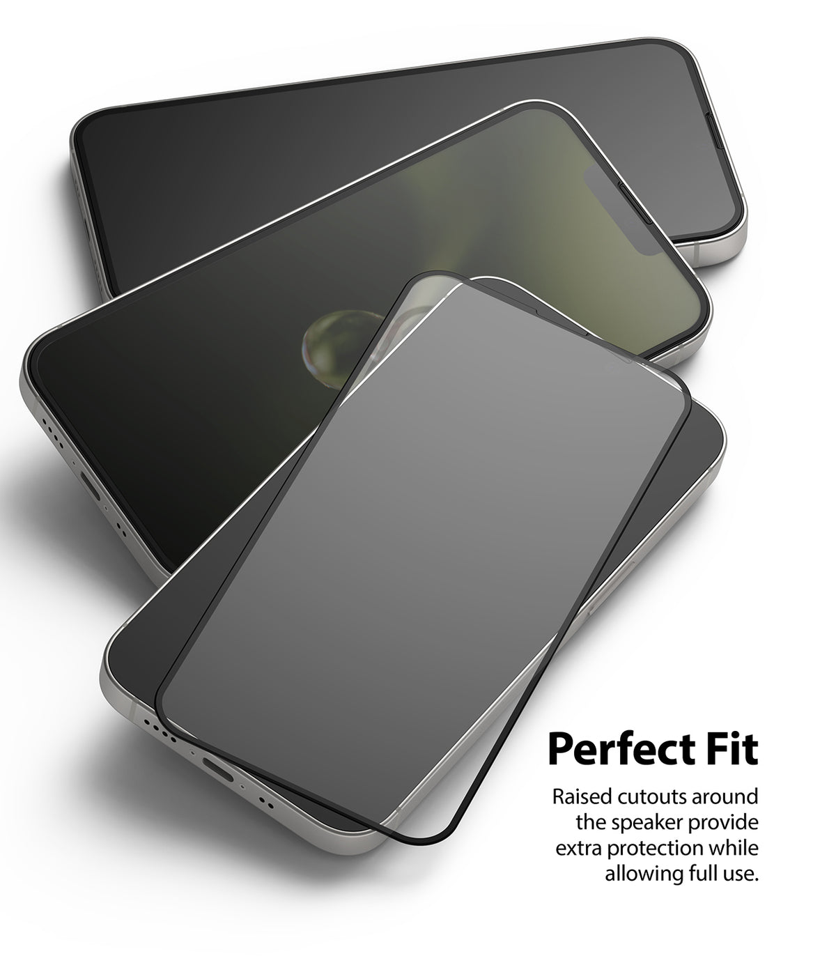 iPhone 13 Mini Screen Protector | Invisible Defender Glass - iPhone 13 Mini Screen Protector - Three stacked smartphones with a glass screen protector layered on top.