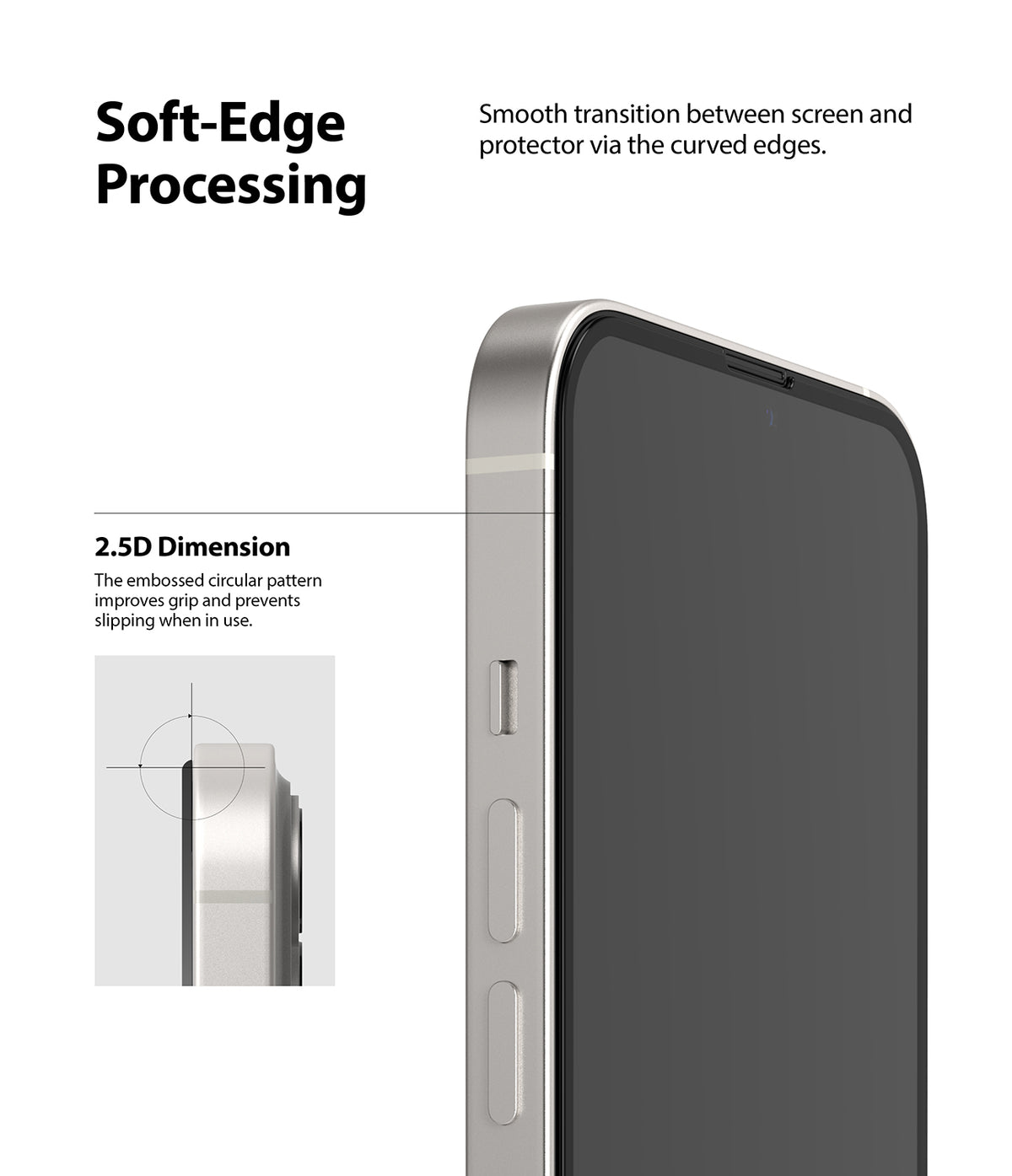 iPhone 13 Mini Screen Protector | Invisible Defender Glass - iPhone 13 Mini Screen Protector - Close-up of phone edge showing smooth 2.5D curved glass transition and grip design.