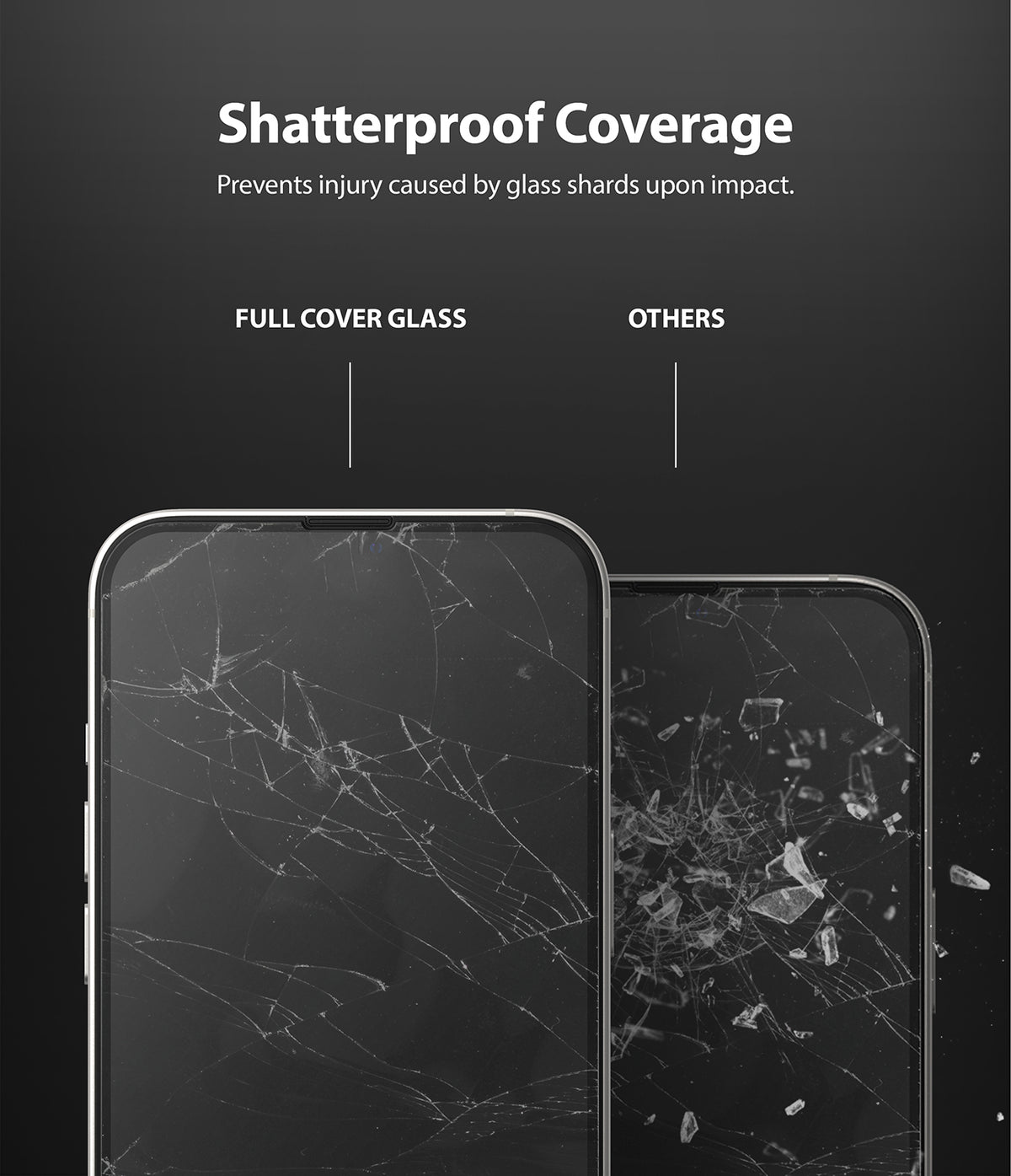 iPhone 13 Mini Screen Protector | Invisible Defender Glass - iPhone 13 Mini Screen Protector - Comparison showing shattered full cover glass staying intact versus loose shards.