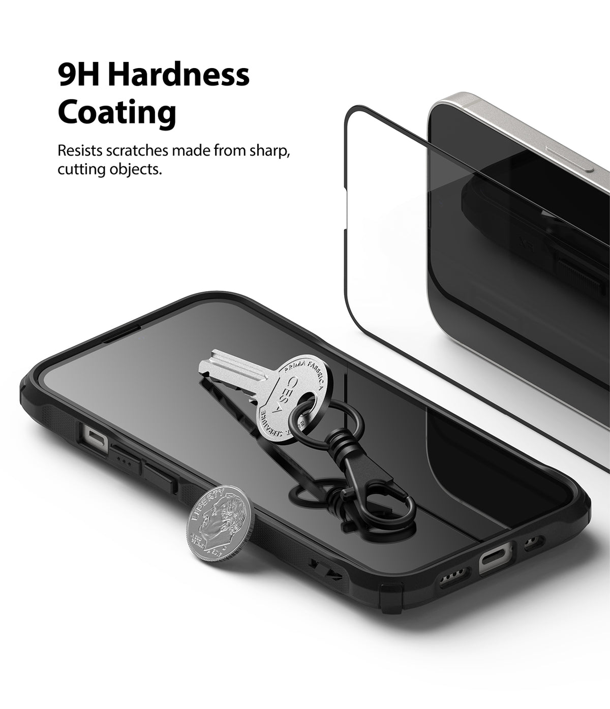 iPhone 13 Mini Screen Protector | Invisible Defender Glass - iPhone 13 Mini Screen Protector - A key and coin resting on a phone screen protected by scratch-resistant glass.