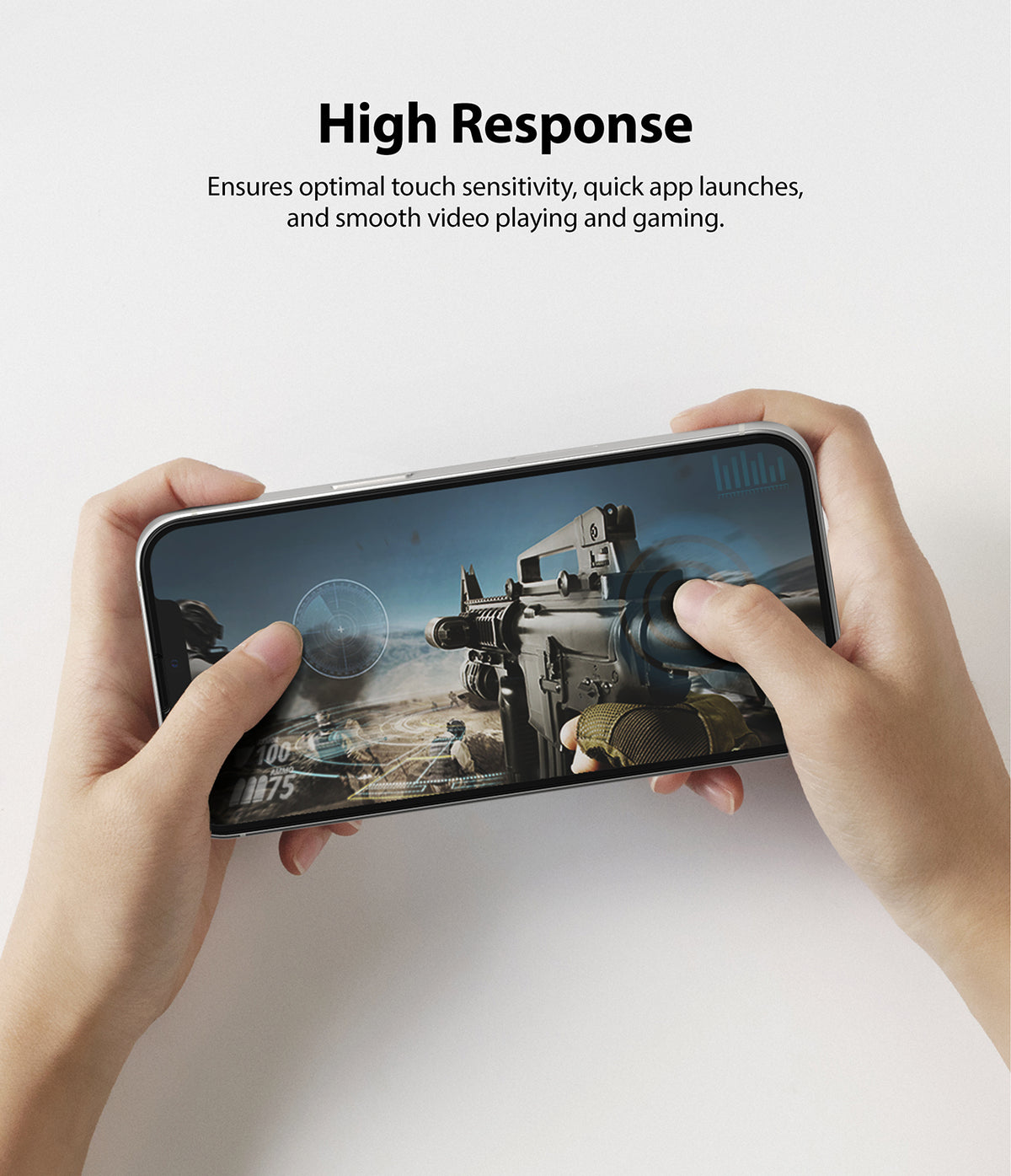 iPhone 13 Mini Screen Protector | Invisible Defender Glass - iPhone 13 Mini Screen Protector - Hands holding a phone playing a first-person shooter game to demonstrate touch sensitivity.