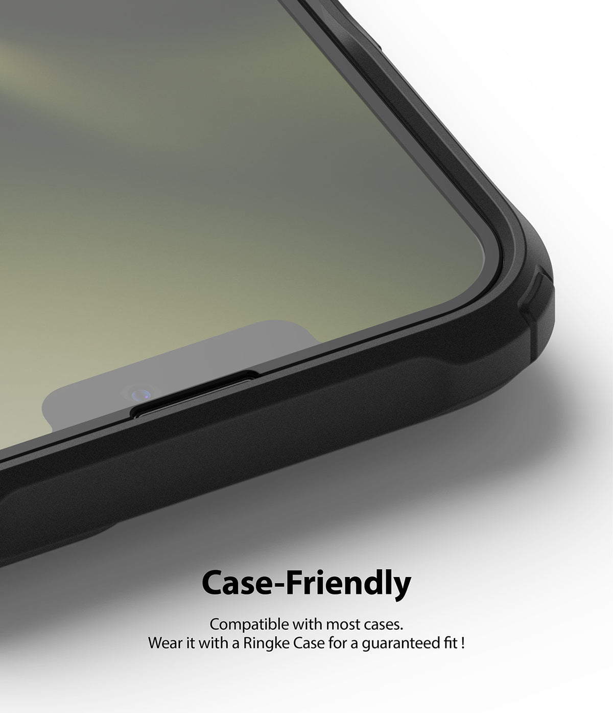 iPhone 13 Mini Screen Protector | Invisible Defender Glass - iPhone 13 Mini Screen Protector - Close-up of a phone screen with a glass protector inside a black protective case.