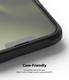 iPhone 13 Mini Screen Protector | Invisible Defender Glass - iPhone 13 Mini Screen Protector - Close-up of a phone screen with a glass protector inside a black protective case.
