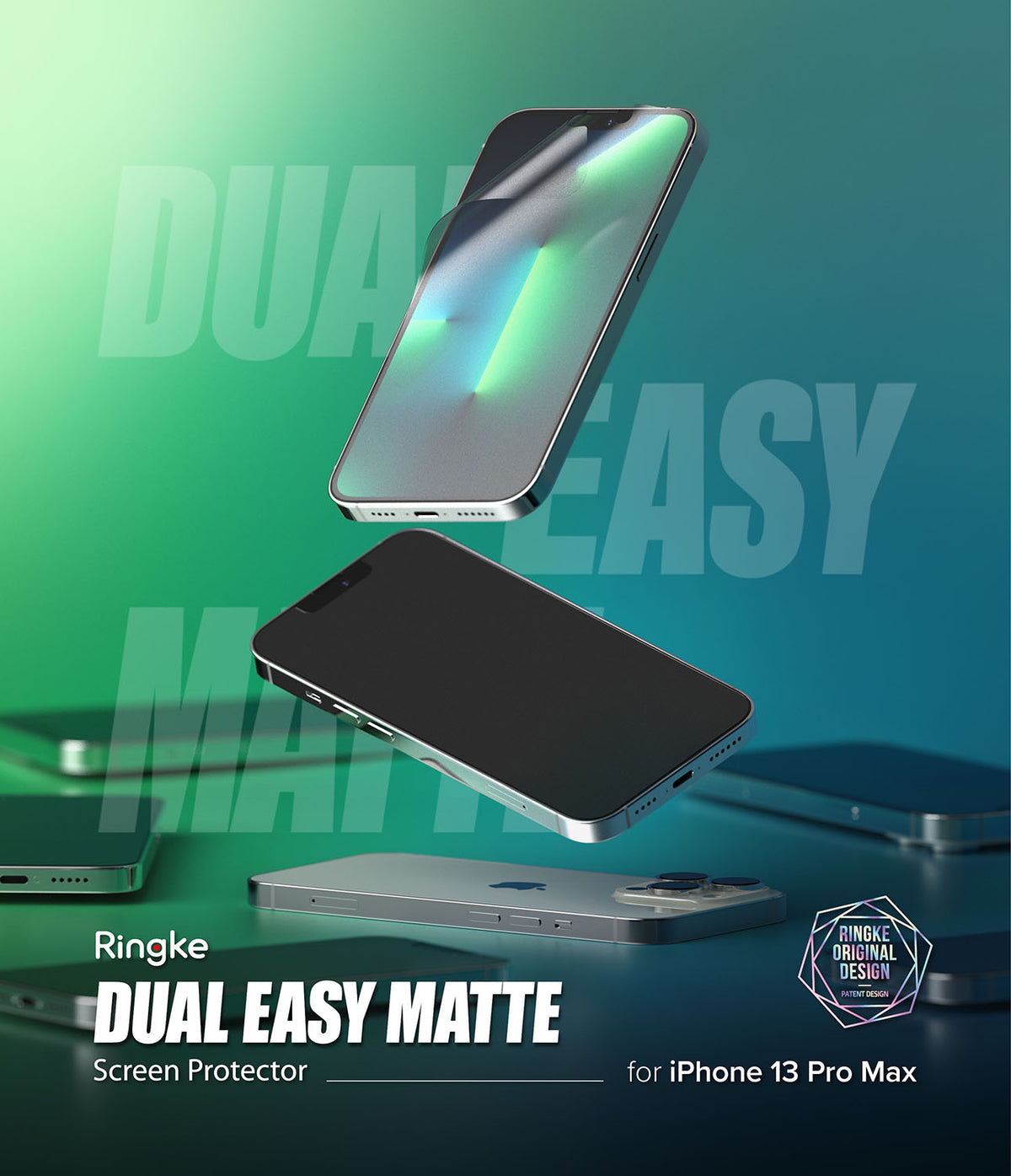 iPhone 13 Pro Max Screen Protector | Dual Easy Film Matte - iPhone 13 Pro Max Screen Protector - Matte film being applied to an iPhone 13 Pro Max against a green gradient background.