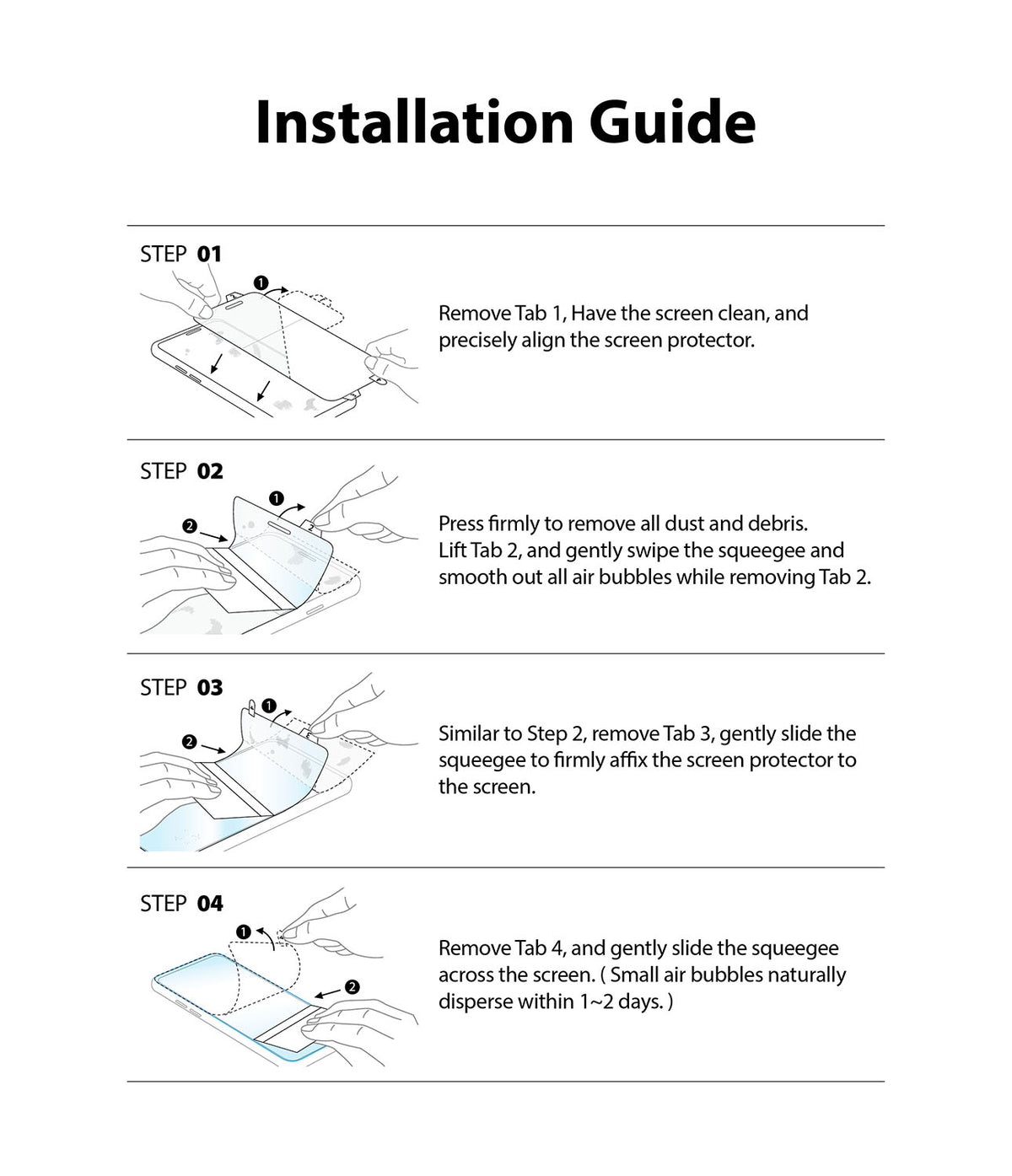 iPhone 13 Pro Max Screen Protector | Dual Easy Film Matte - Four-step illustrated guide for installing a screen protector.