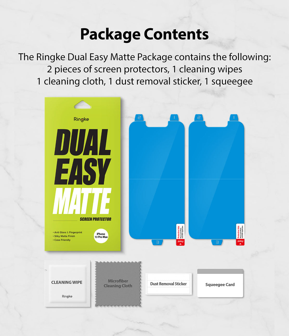 iPhone 13 Pro Max Screen Protector | Dual Easy Film Matte - iPhone 13 Pro Max Screen Protector - Package contents showing two matte screen protectors, cleaning kit, and accessories.