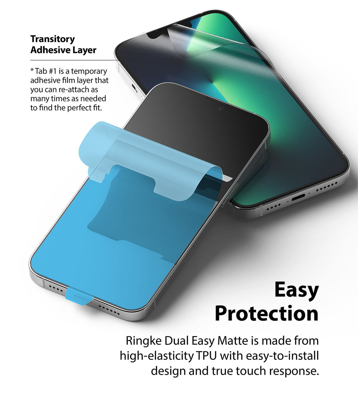 iPhone 13 Pro Max Screen Protector | Dual Easy Film Matte - iPhone 13 Pro Max Screen Protector - Matte film with a blue adhesive tab being applied to a smartphone screen.