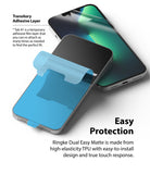 iPhone 13 Pro Max Screen Protector | Dual Easy Film Matte - iPhone 13 Pro Max Screen Protector - Matte film with a blue adhesive tab being applied to a smartphone screen.