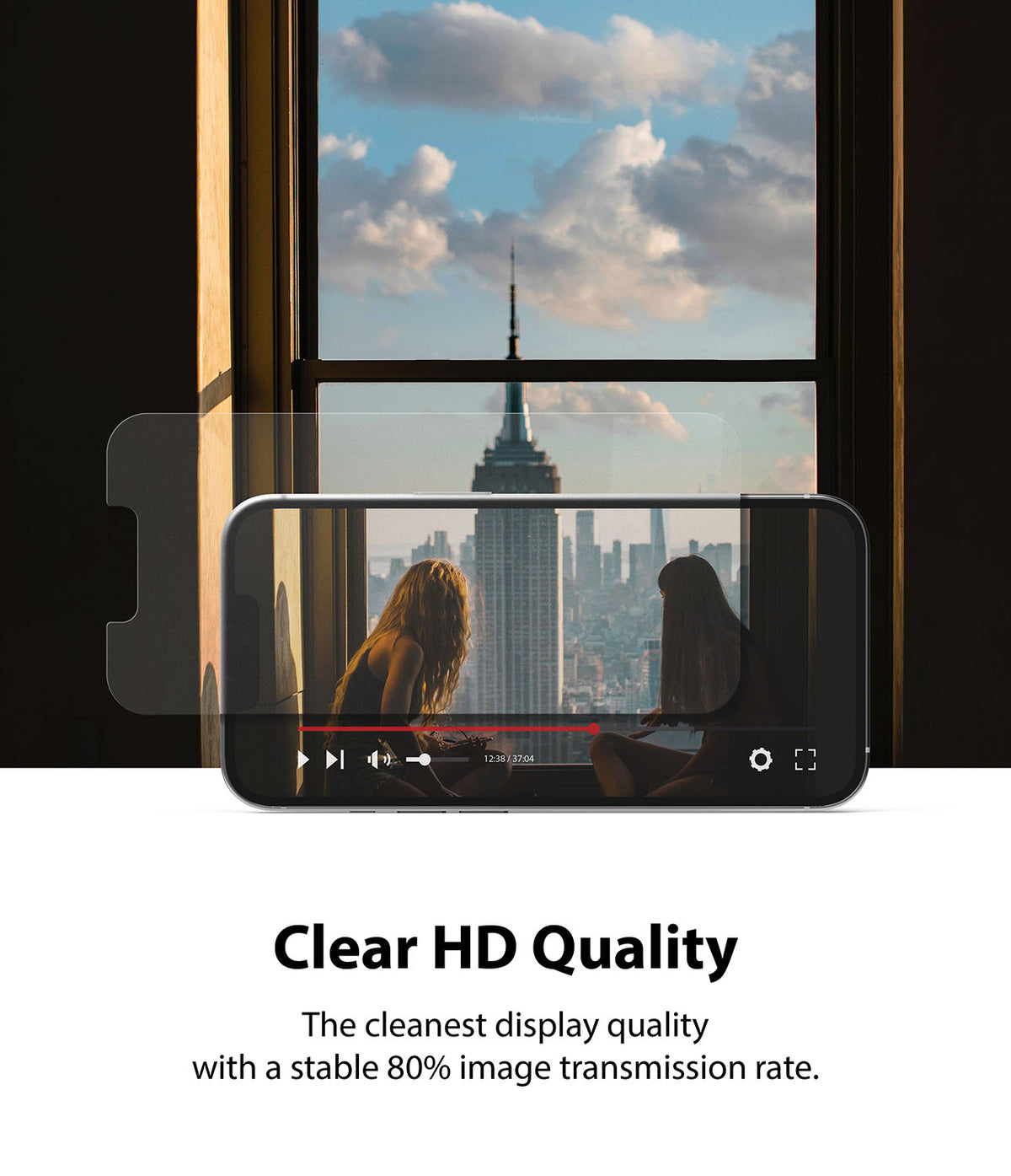 iPhone 13 Pro Max Screen Protector | Dual Easy Film Matte - iPhone 13 Pro Max Screen Protector - Matte film overlaying a phone screen showing a city view with clear HD quality.