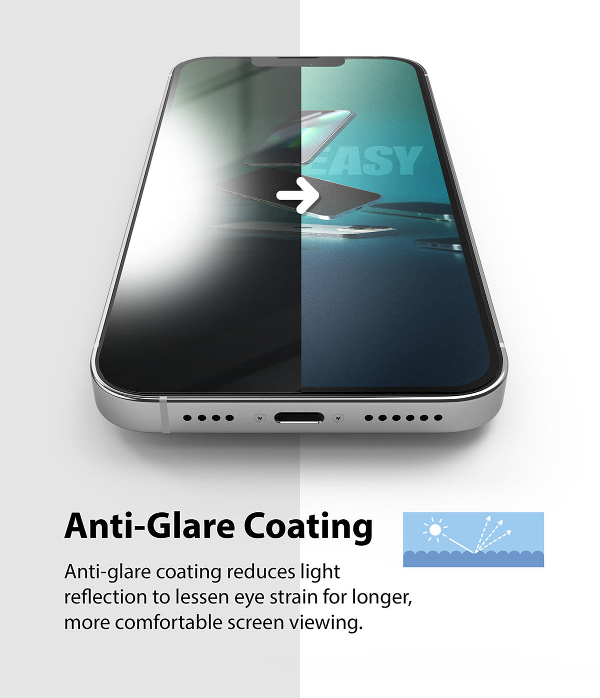 iPhone 13 Pro Max Screen Protector | Dual Easy Film Matte - Split-screen comparison showing glossy reflection versus matte anti-glare finish on a smartphone.