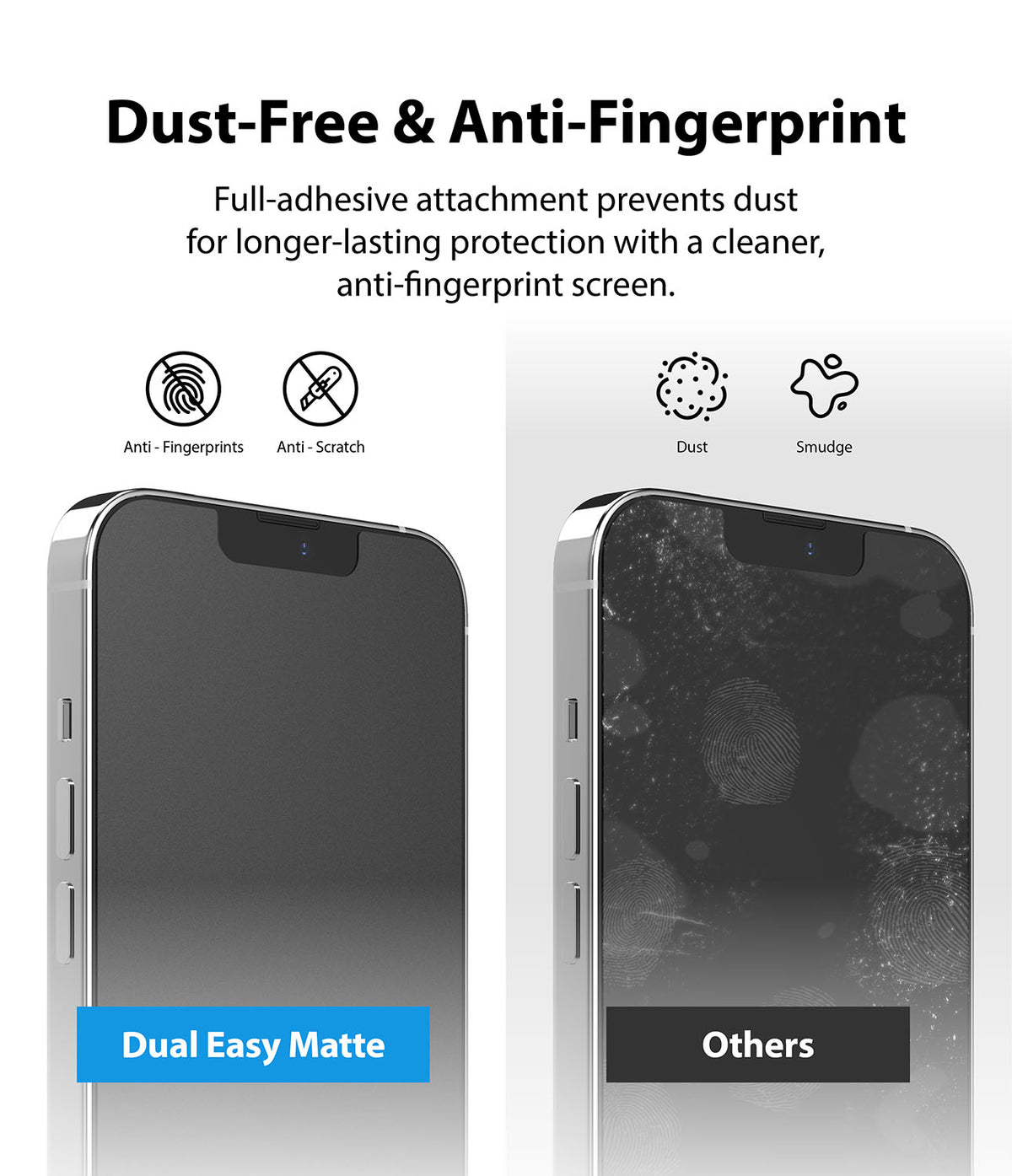 iPhone 13 Pro Max Screen Protector | Dual Easy Film Matte - Comparison showing a clean matte screen versus a smudged one.