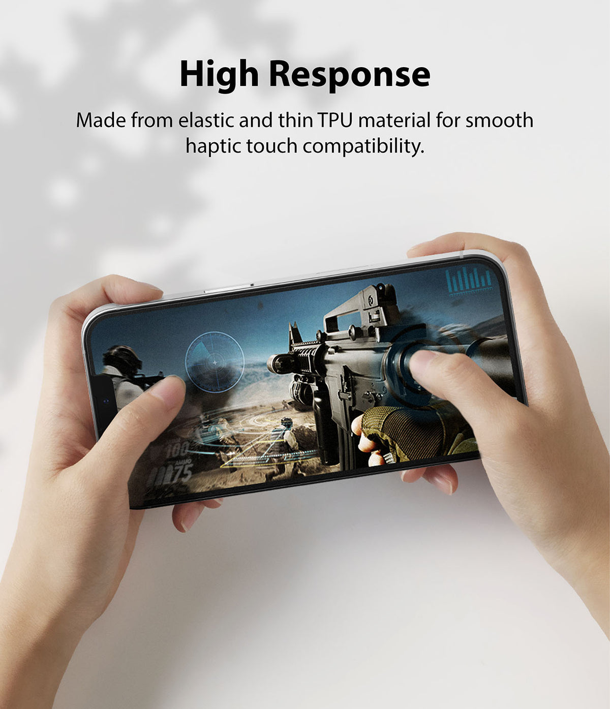 iPhone 13 Pro Max Screen Protector | Dual Easy Film Matte - iPhone 13 Pro Max Screen Protector - Hands holding a phone playing a first-person shooter game on a matte screen.
