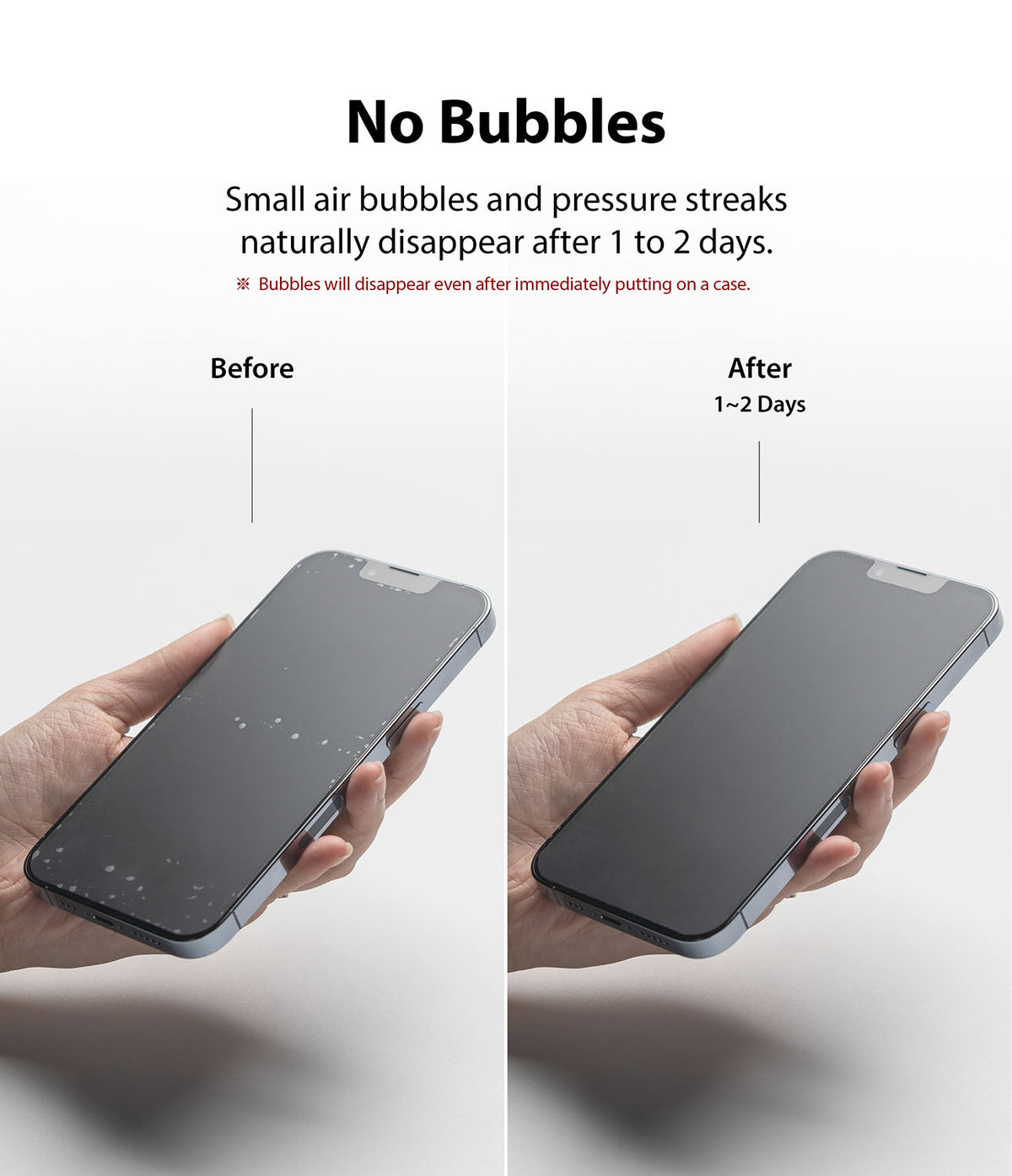 iPhone 13 Pro Max Screen Protector | Dual Easy Film Matte - iPhone 13 Pro Max Screen Protector - Comparison showing air bubbles on a phone screen disappearing after 1 to 2 days.