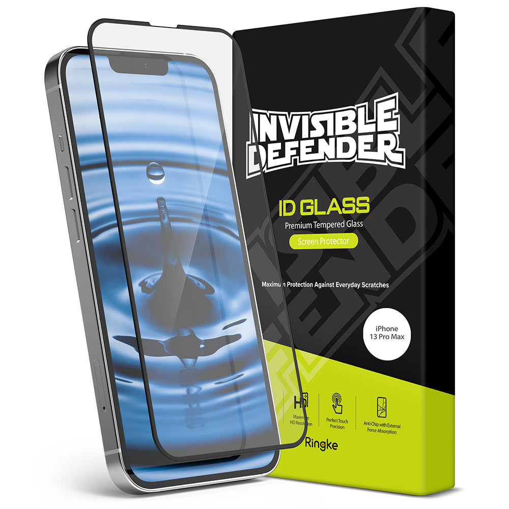iPhone 13 Pro Max Screen Protector | Invisible Defender Glass - Tempered glass screen protector hovering over an iPhone.