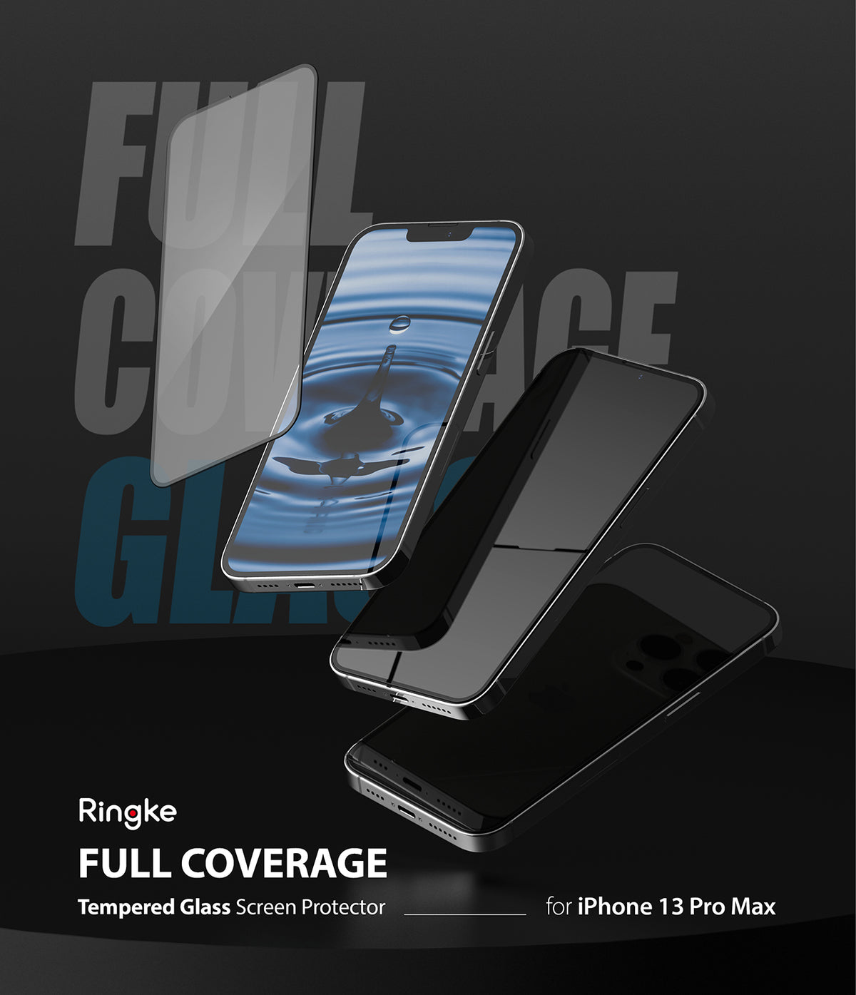 iPhone 13 Pro Max Screen Protector | Invisible Defender Glass - iPhone 13 Pro Max Screen Protector - Three iPhones floating against a dark background with a glass screen protector overlay.