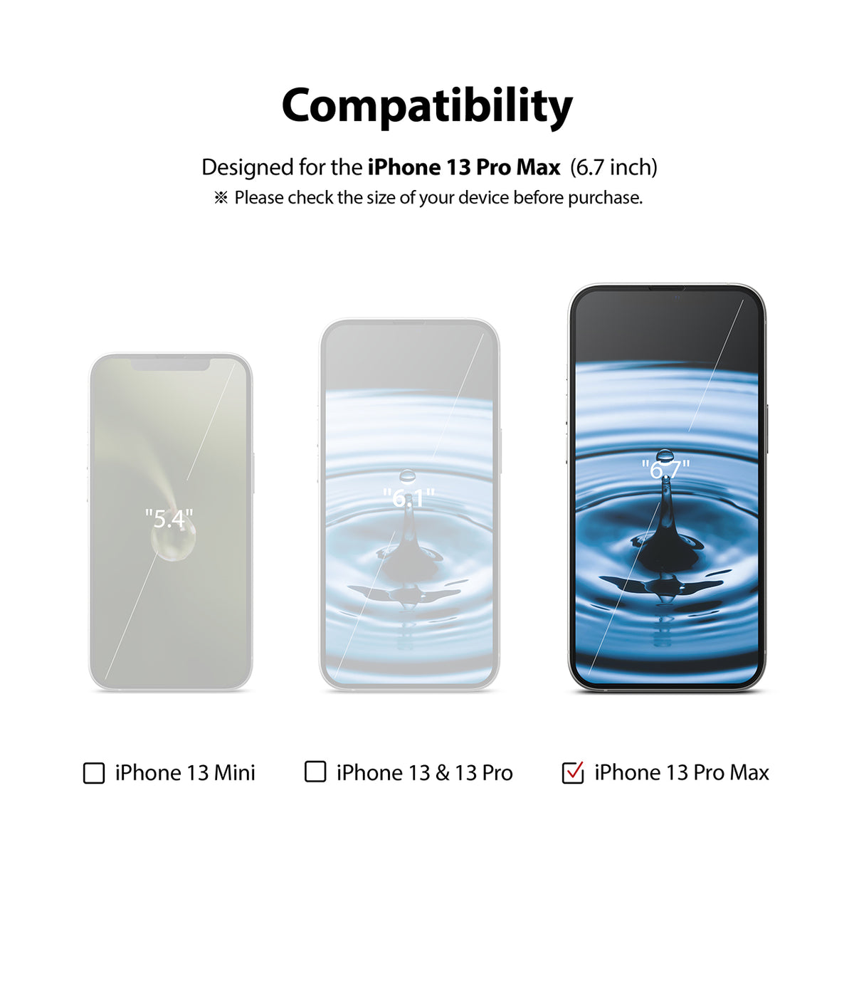 iPhone 13 Pro Max Screen Protector | Invisible Defender Glass - iPhone 13 Pro Max Screen Protector - Compatibility chart showing iPhone 13 models with 5.4, 6.1, and 6.7-inch screen sizes.
