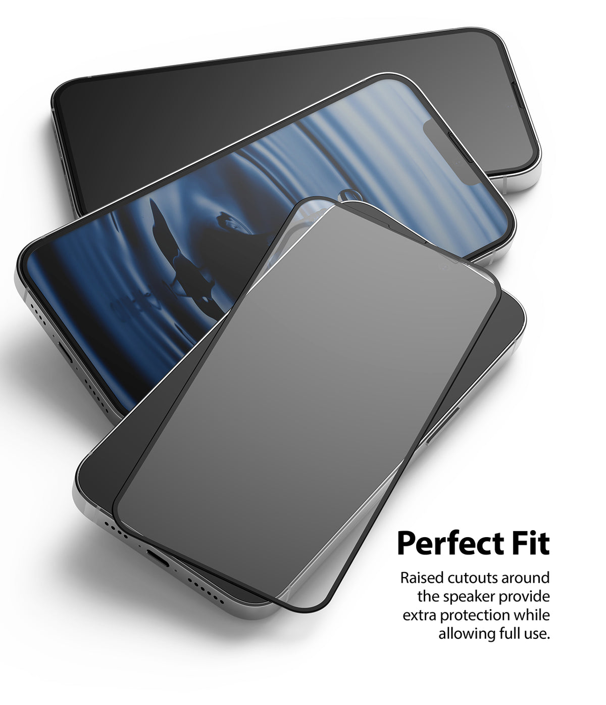 iPhone 13 Pro Max Screen Protector | Invisible Defender Glass - iPhone 13 Pro Max Screen Protector - Glass protector hovering over an iPhone screen with precise speaker cutouts.