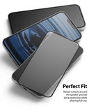 iPhone 13 Pro Max Screen Protector | Invisible Defender Glass - iPhone 13 Pro Max Screen Protector - Glass protector hovering over an iPhone screen with precise speaker cutouts.