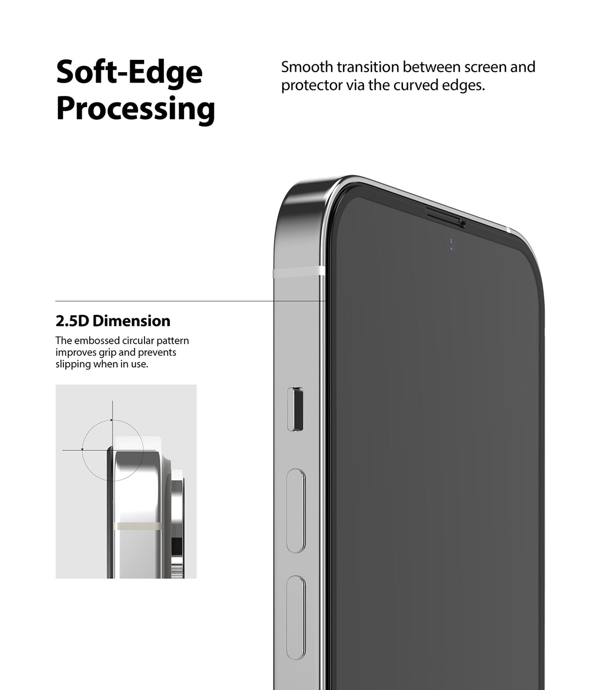 iPhone 13 Pro Max Screen Protector | Invisible Defender Glass - iPhone 13 Pro Max Screen Protector - Close-up of phone edge showing smooth 2.5D curved glass screen protector transition.
