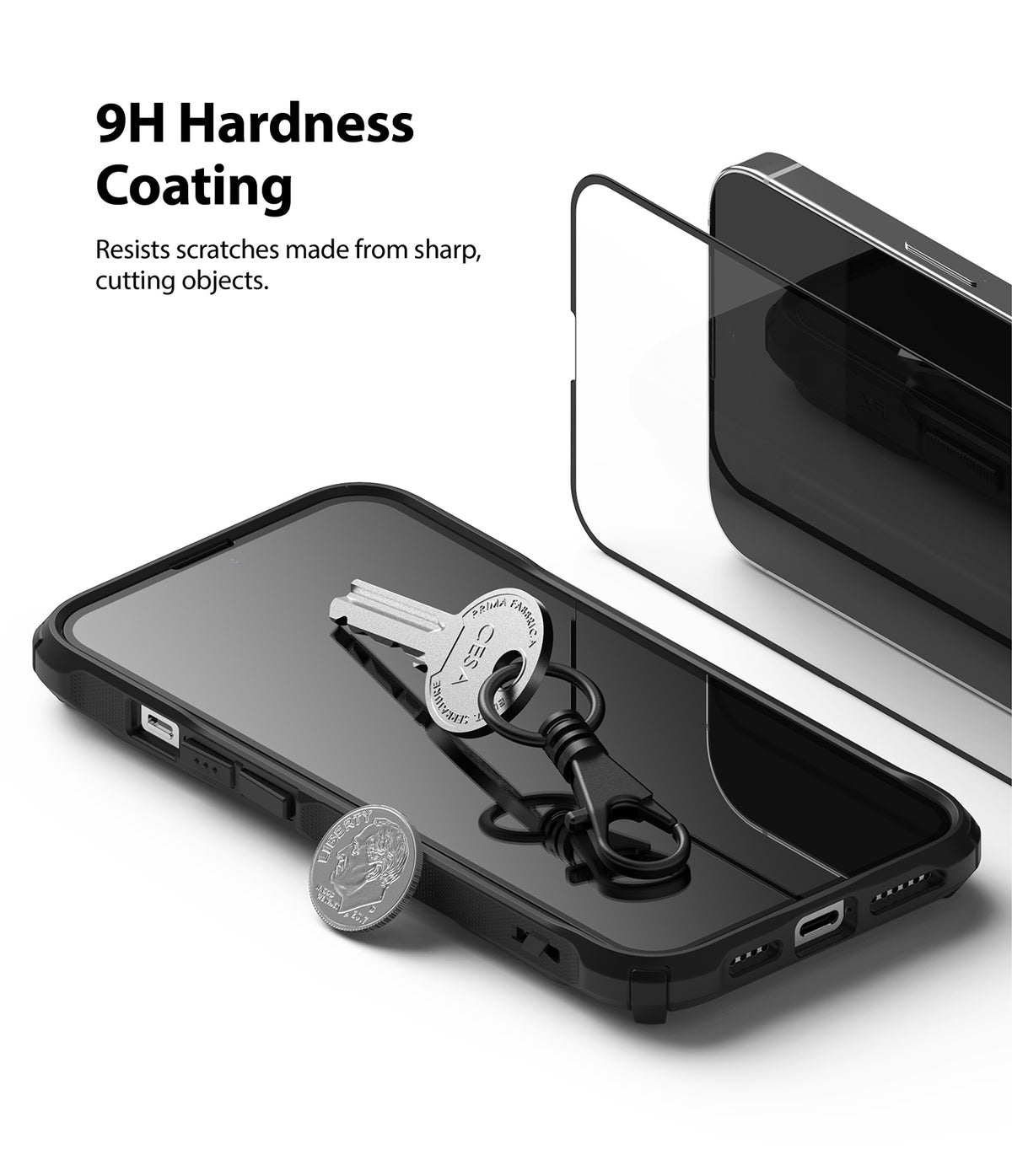 iPhone 13 Pro Max Screen Protector | Invisible Defender Glass - iPhone 13 Pro Max Screen Protector - A key and coin resting on a phone screen protected by a 9H hardness glass layer.