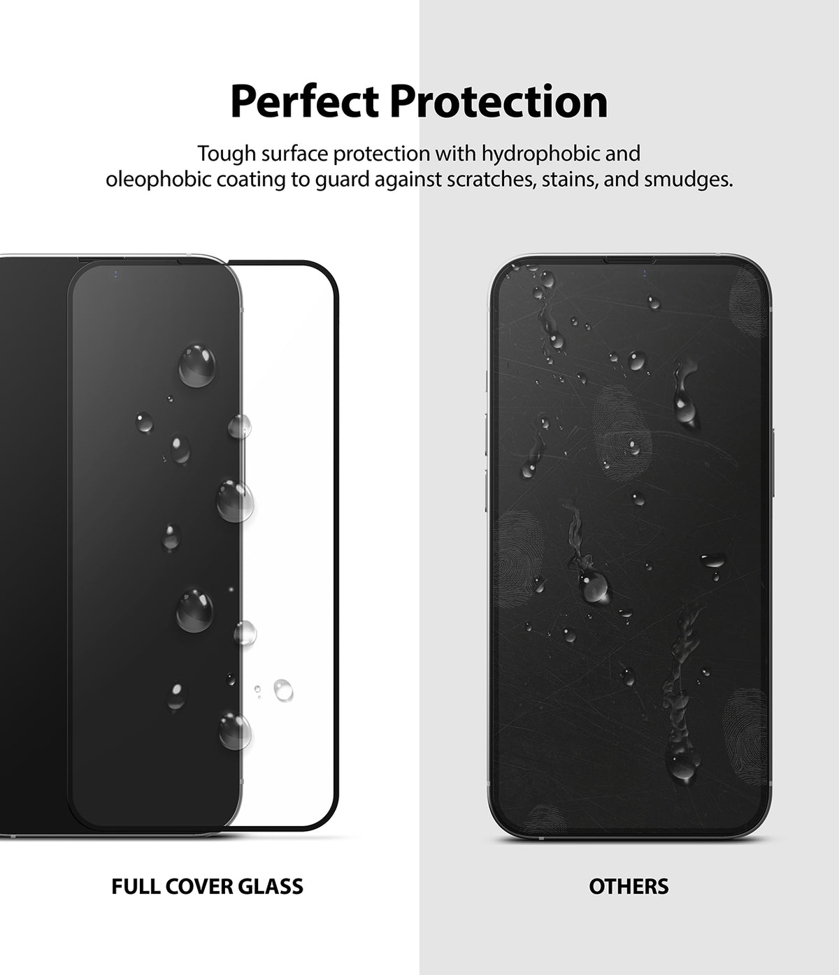 iPhone 13 Pro Max Screen Protector | Invisible Defender Glass - iPhone 13 Pro Max Screen Protector - Comparison of clean full cover glass versus a smudged, water-spotted phone screen.