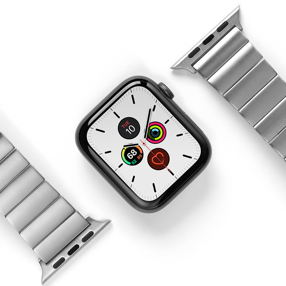 Apple Watch 49·46·45·44·42 mm | Metal One Band α - Silver - Apple Watch Metal One Band α - Silver Apple Watch with a white face and silver metal link band on a white background.