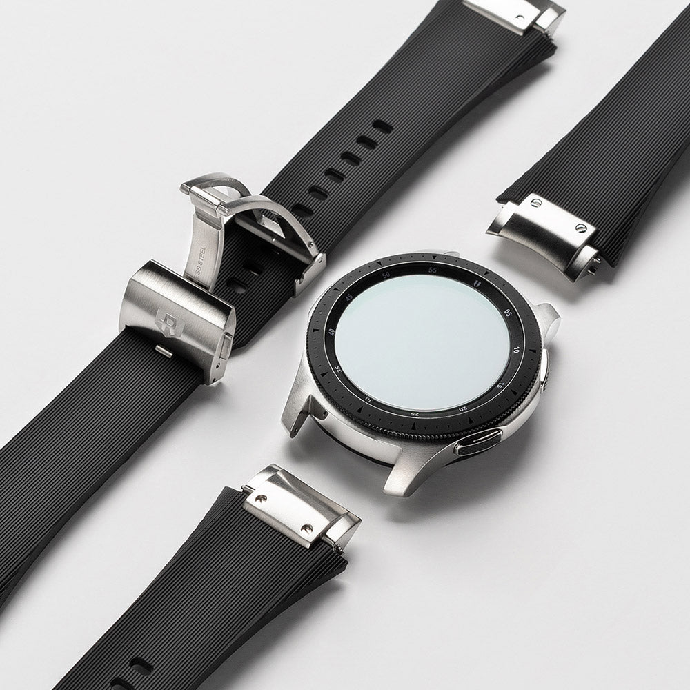 Galaxy Watch (46mm) | Rubber One Prime Band - Silver Galaxy Watch face with detached black ribbed rubber watch straps.